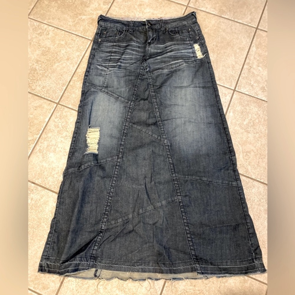 90’s YNQ denim patchwork maxi skirt